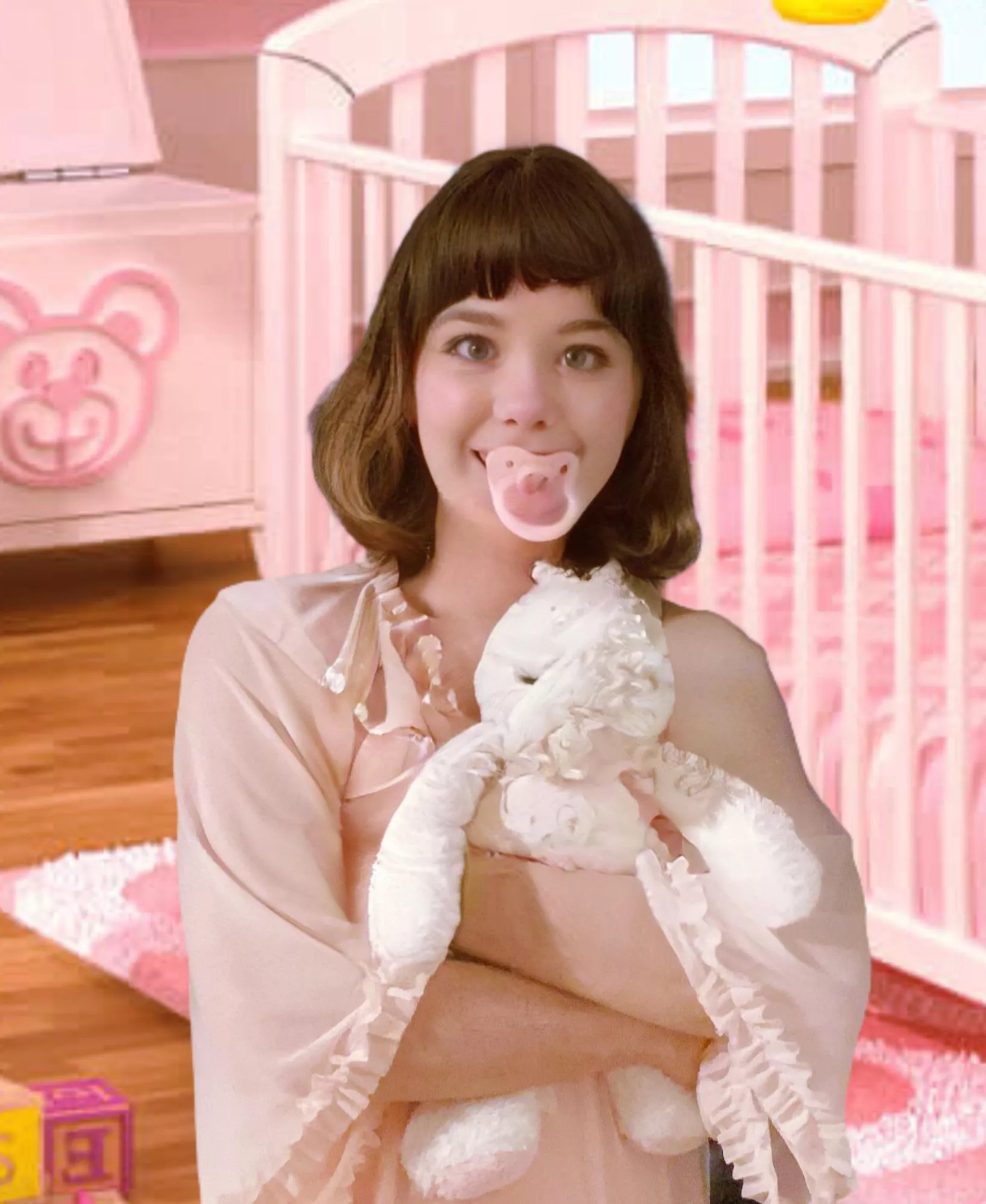 My sweet girl in the nursery. (I always filter these pics heavily to protect her identity. I’m sure that’s obvious.) She’s wearing her new nightie! We have a very special relationship, but not everything is as it seems!☺️💕 posted by luvmymommy23