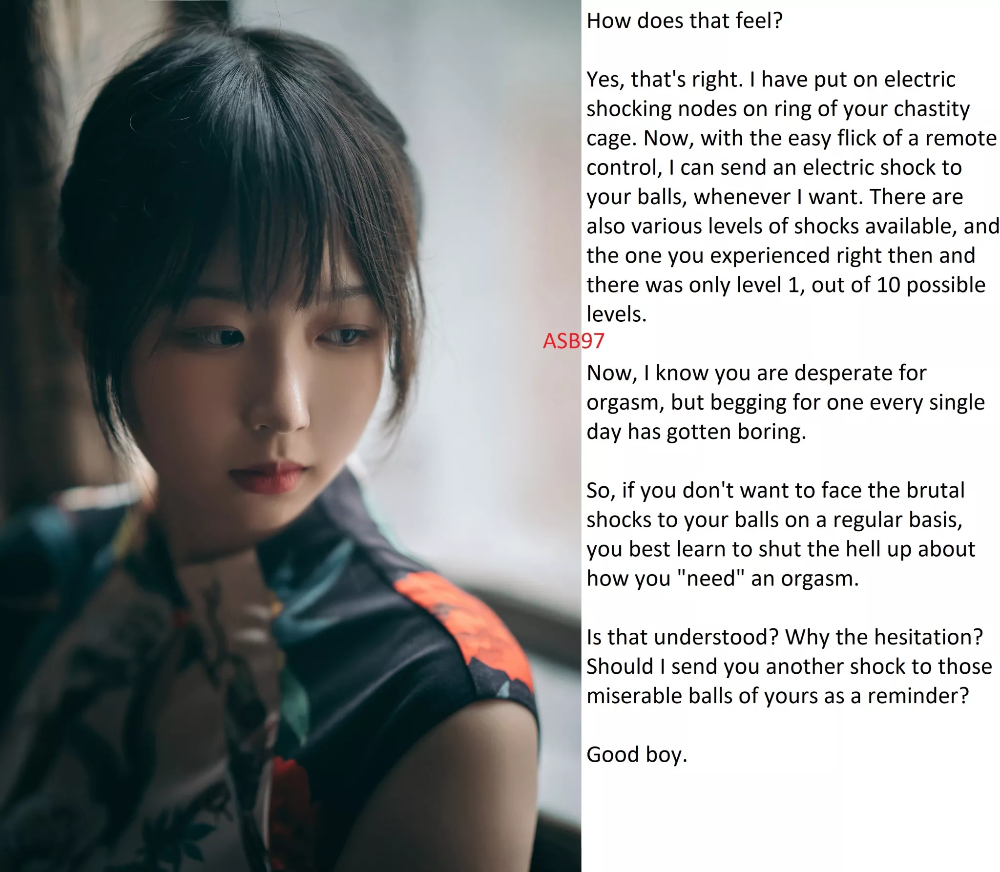 Nasty shock to the balls definitely help keep you in line posted by youngasianguy1