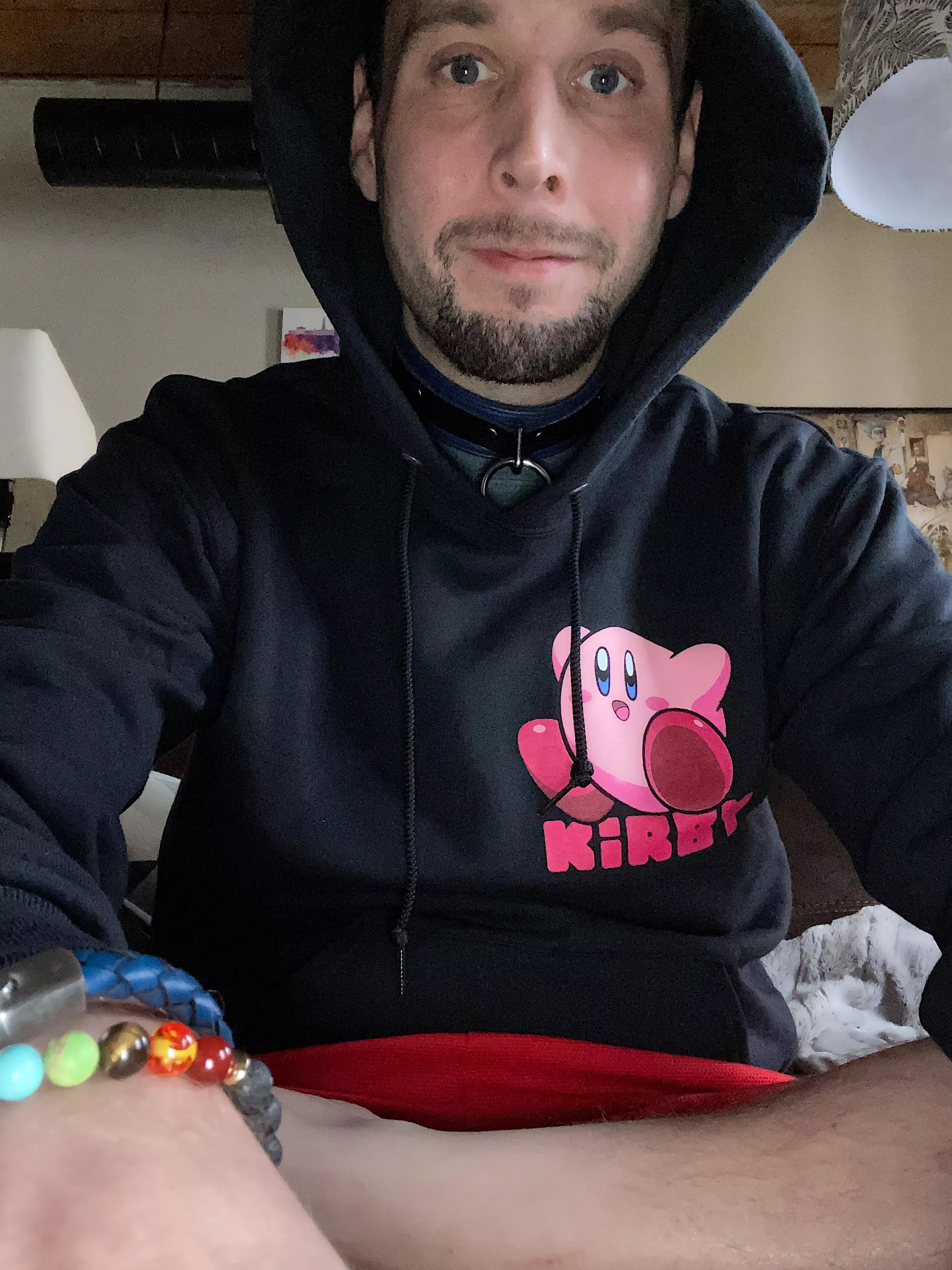 New hoodie; featuring an energetic goofy ball of fluff, also Kirby. posted by barthm1