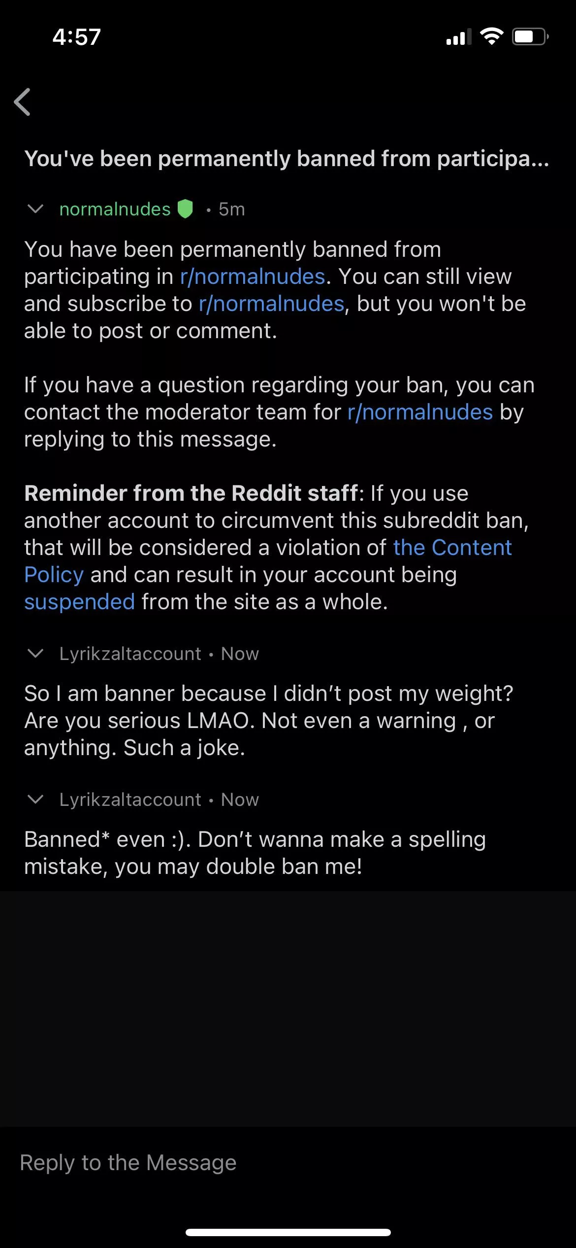 Not a nude…but as a big guy I don’t feel comfortable putting my “weight” in anything online. I posted once to this sun, and was literally banned because I didn’t put my weight in the title of my post. No warning, no nothing. posted by Lyrikzaltaccount