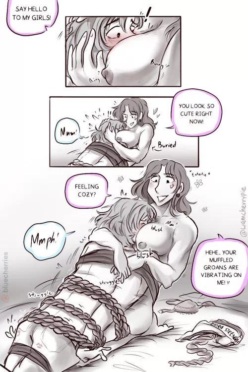 [OC]: Comic - sub is tied to their domme so that their face is pressed into their domme’s boobs ♡ by wamcherrypie