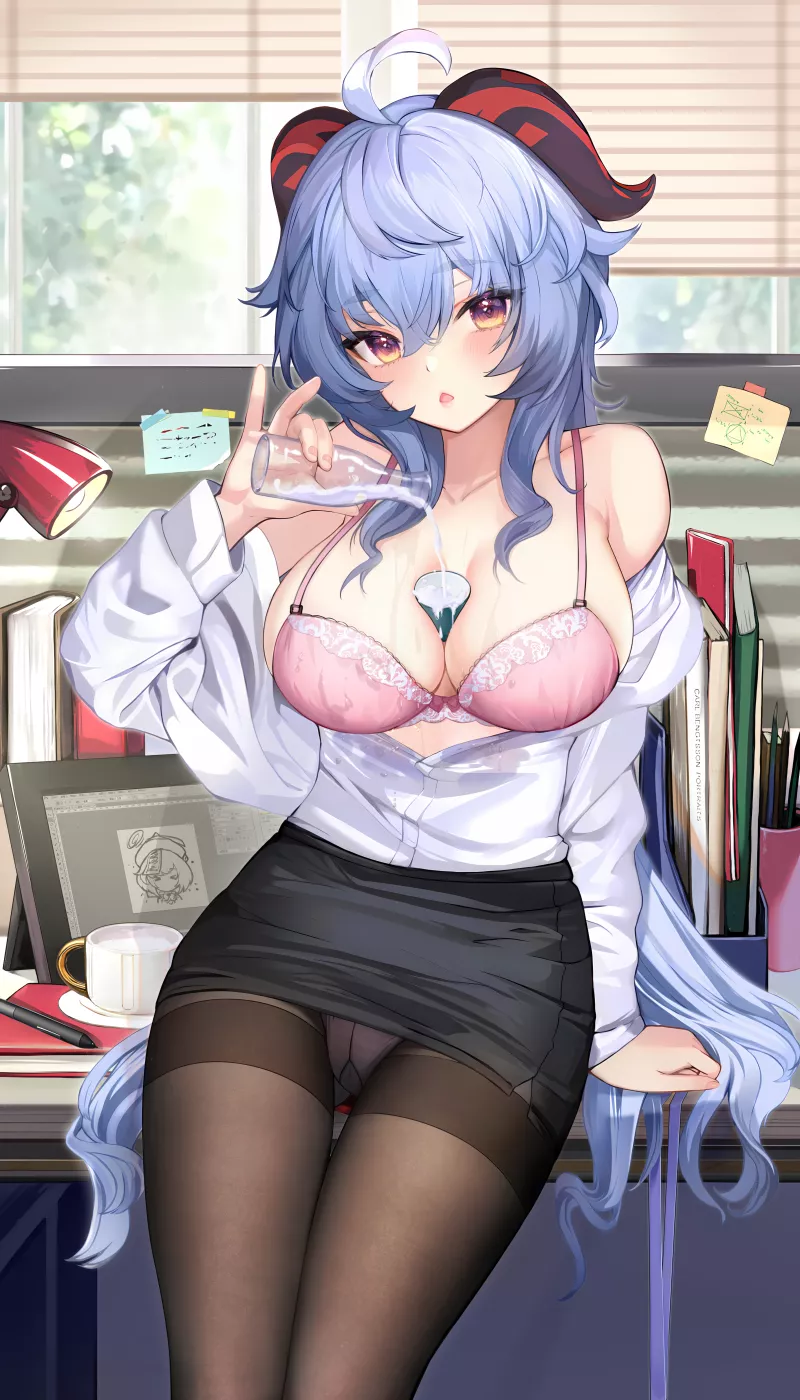Office Lady Ganyu spilling milk from cup (AimeeSN7) [Genshin Impact] posted by elegantloveglimmer