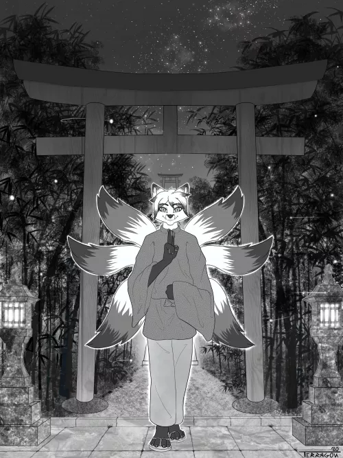 Old commission, a kitsune in front of a torii gate (Art by me) by Terragon_Arts