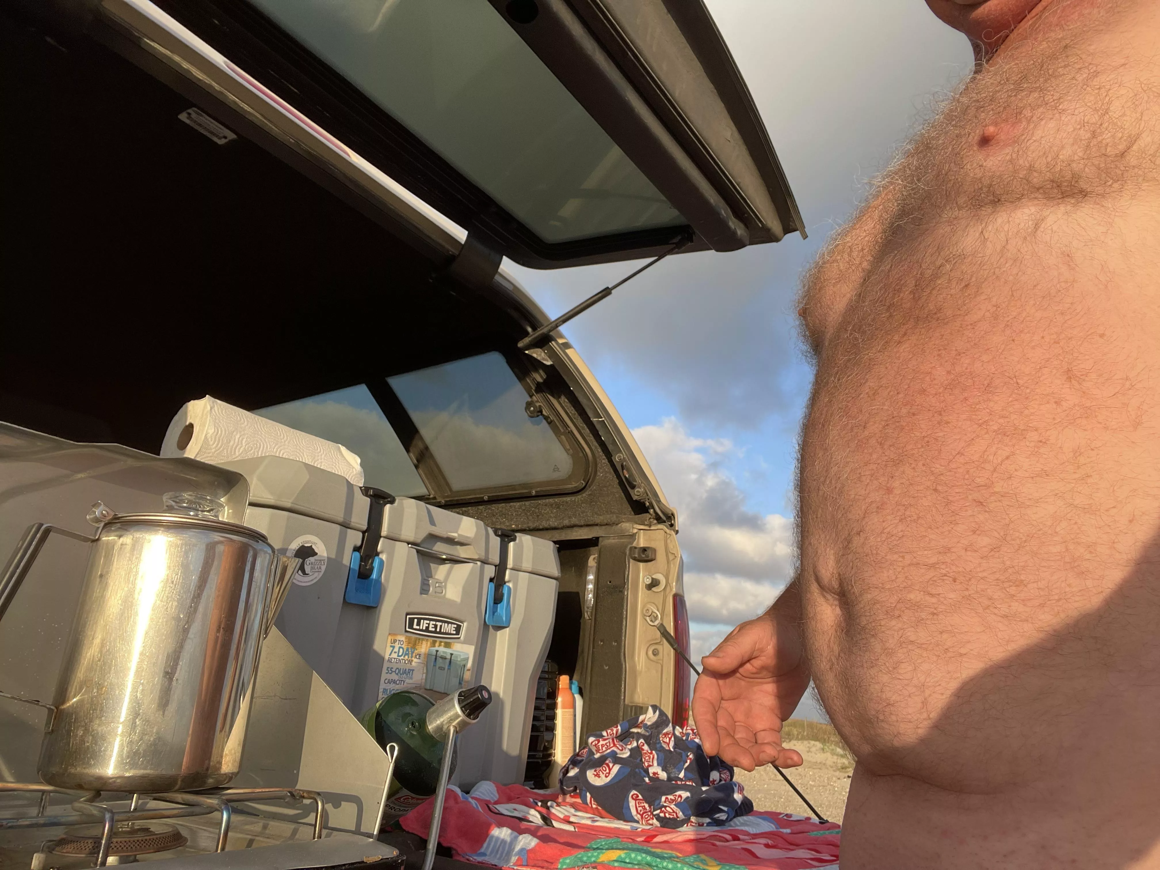 Old school coffee at the beach, naked of course! posted by futureeunuch