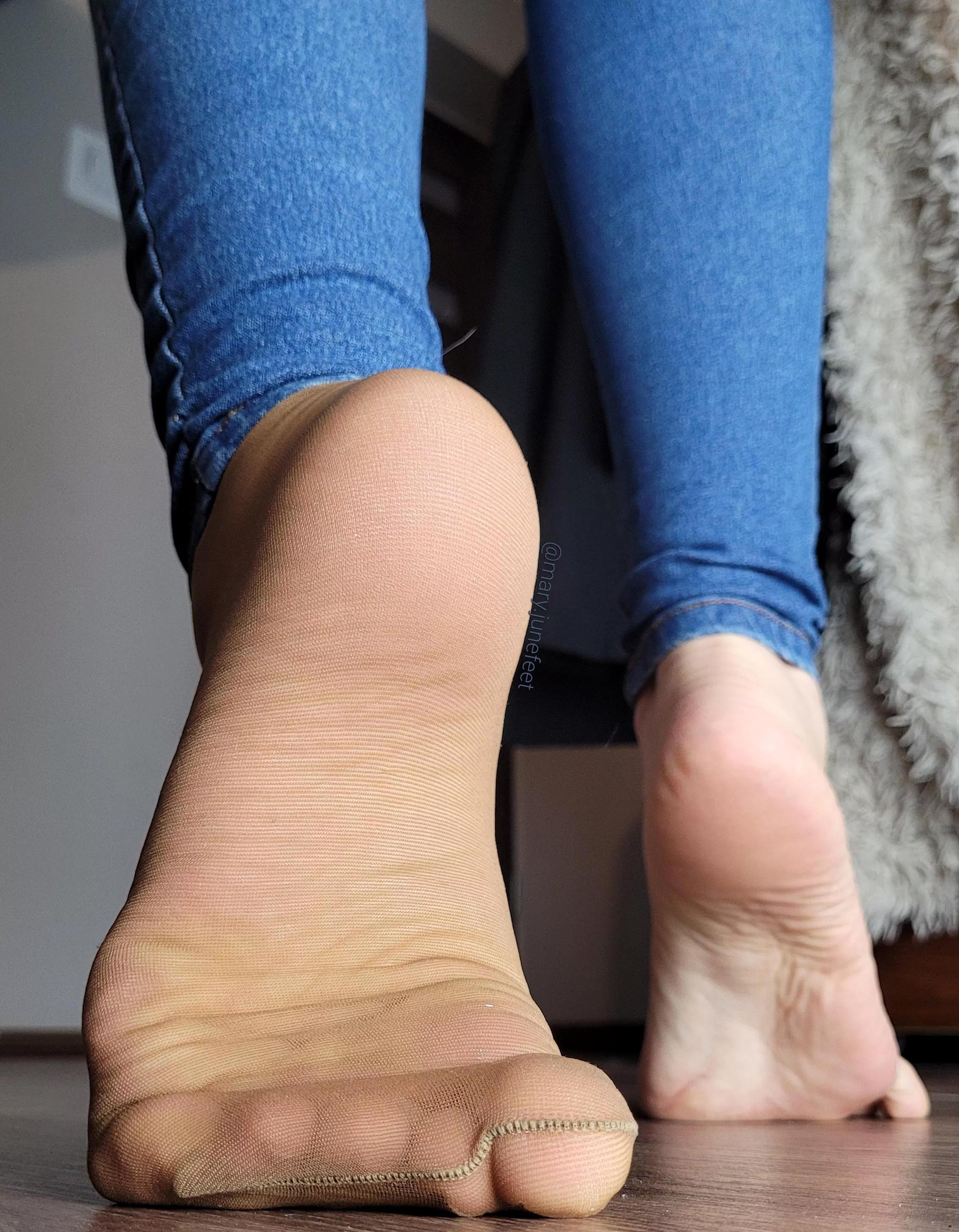 One nyloned, one bare. posted by MaryJunefeet