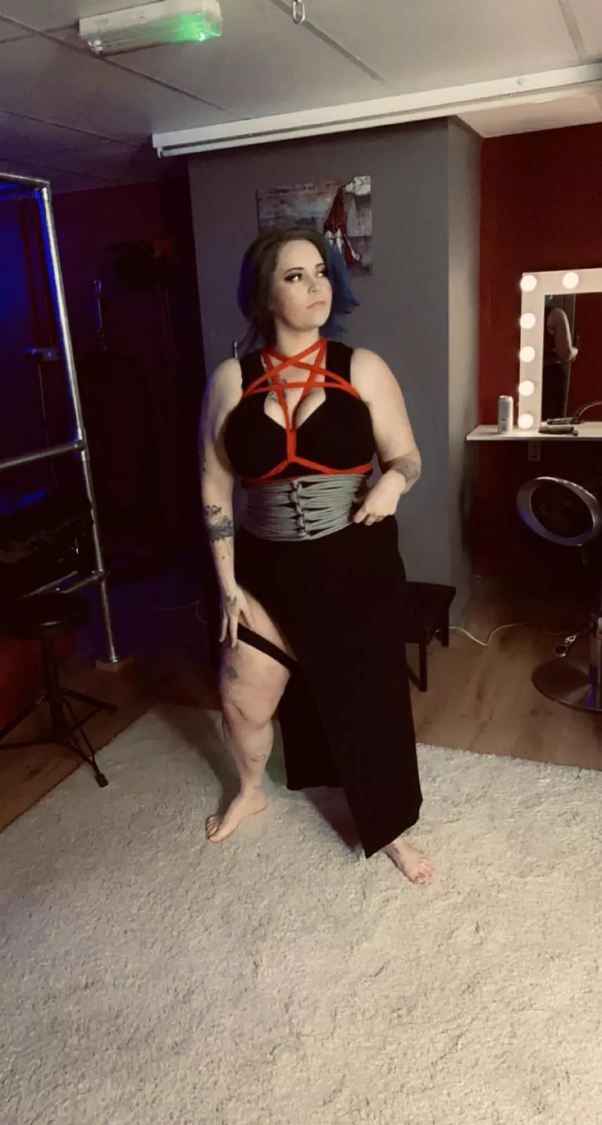 Pentagram, corset and a little garter, courtesy of my partner posted by pixieandthekobold