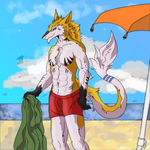 Personal Art of my Sergal - At the beach by teremunart