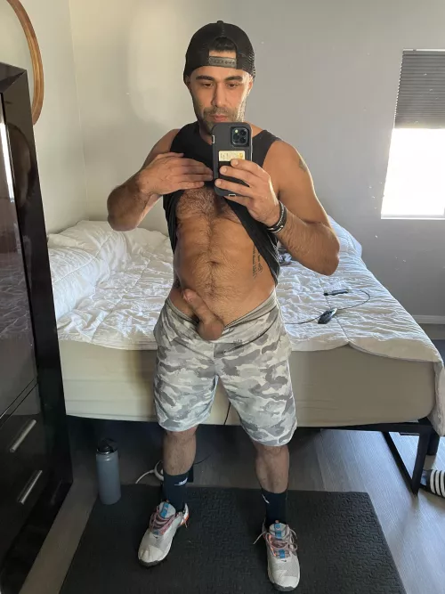 Post-workout dick out selfie. Wish i could work out like this. Would you help me keep it up? by OkReflection8467