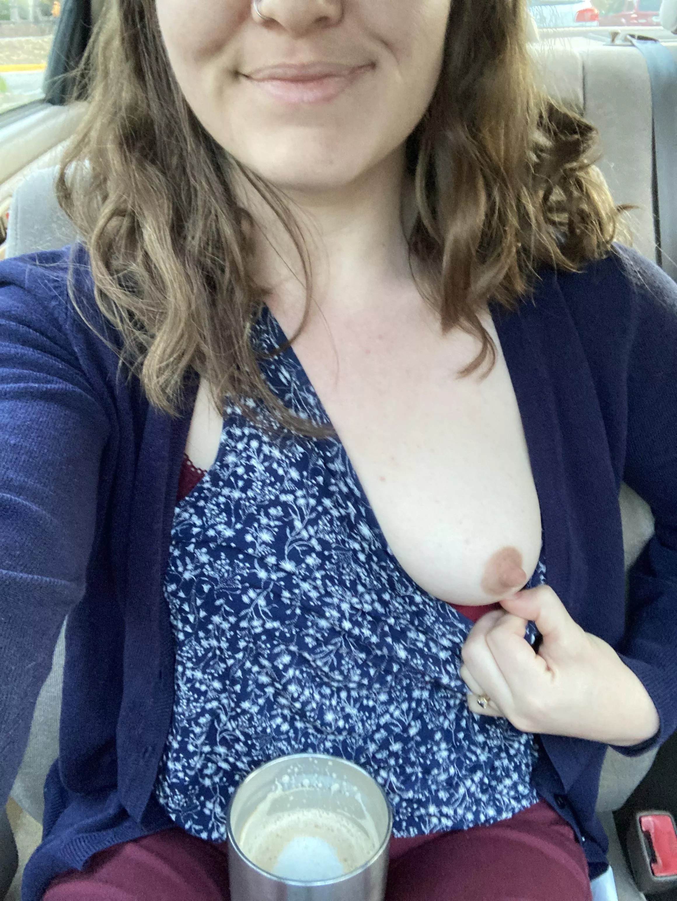 Probably my riskiest pic yet..in the parking lot in front of my building 😬 happy titty Tuesday! posted by play_with_kate