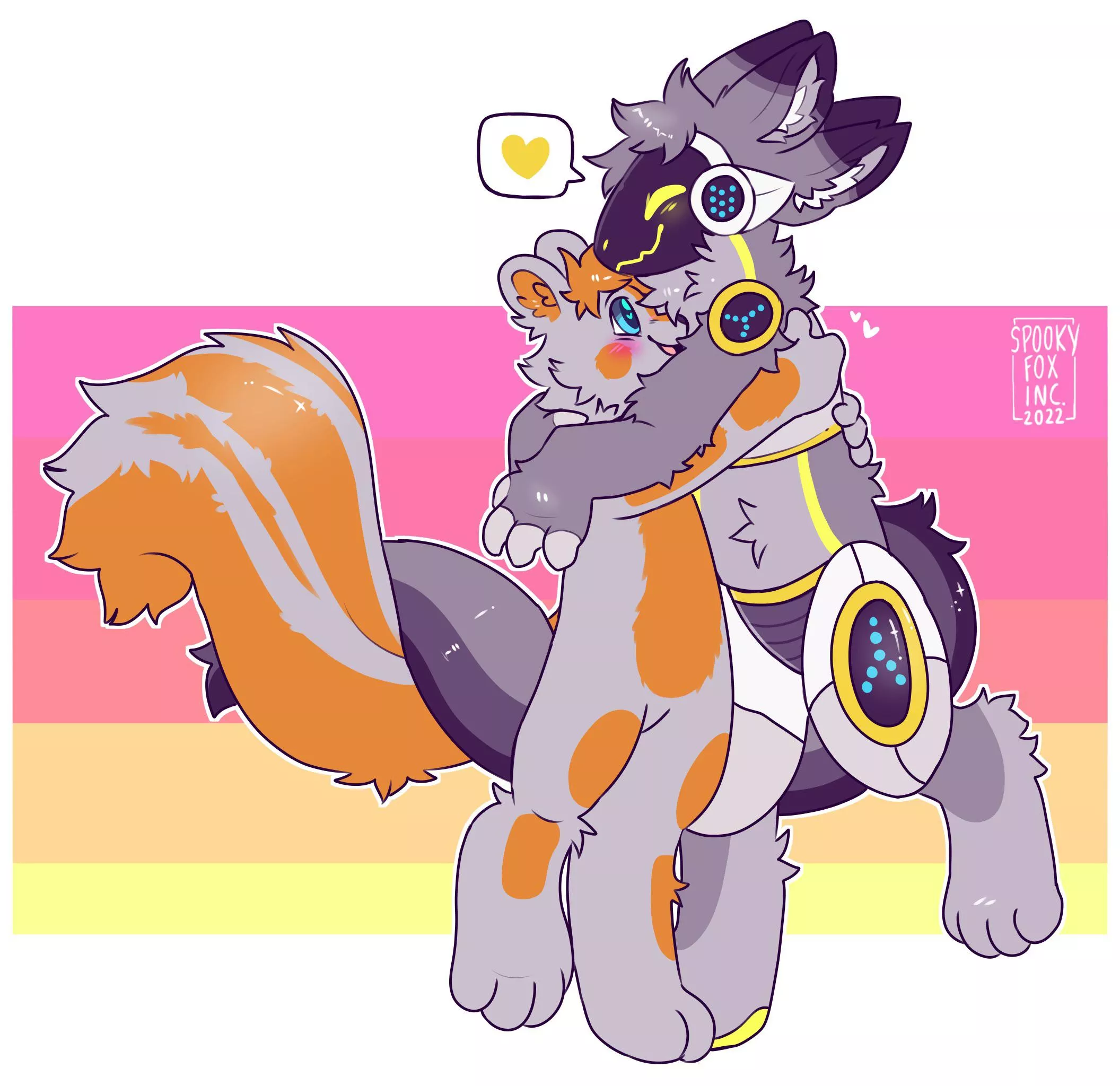 protogen + skunk hugs! <commission for butterscotch, art by me @spookyfoxinc on twitter> posted by spookyfoxinc