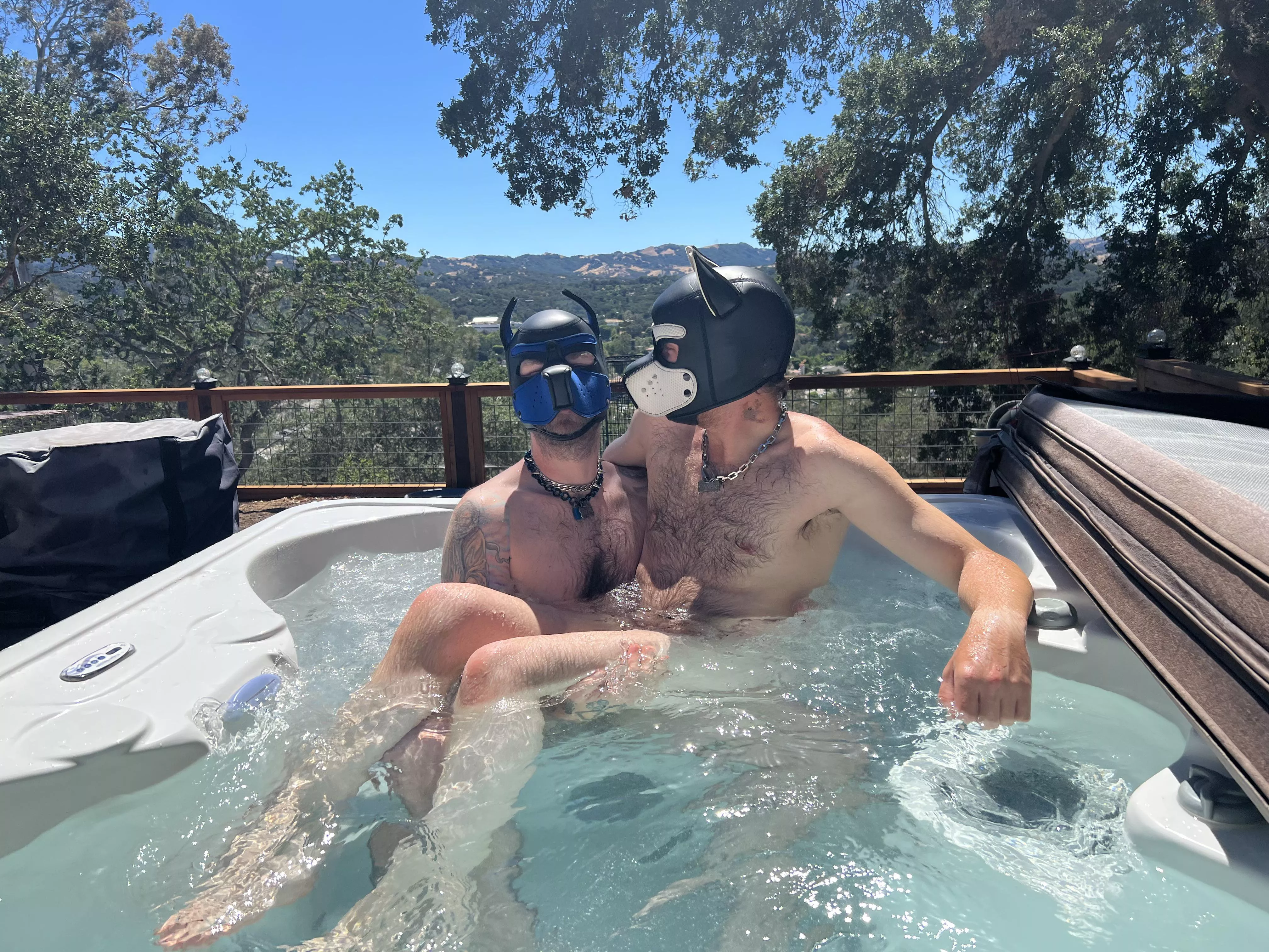 Puppy brothers splish splashing with a view! Such supportive pups - Dizzy is always up to give his little pup brother a hand posted by PackLydo