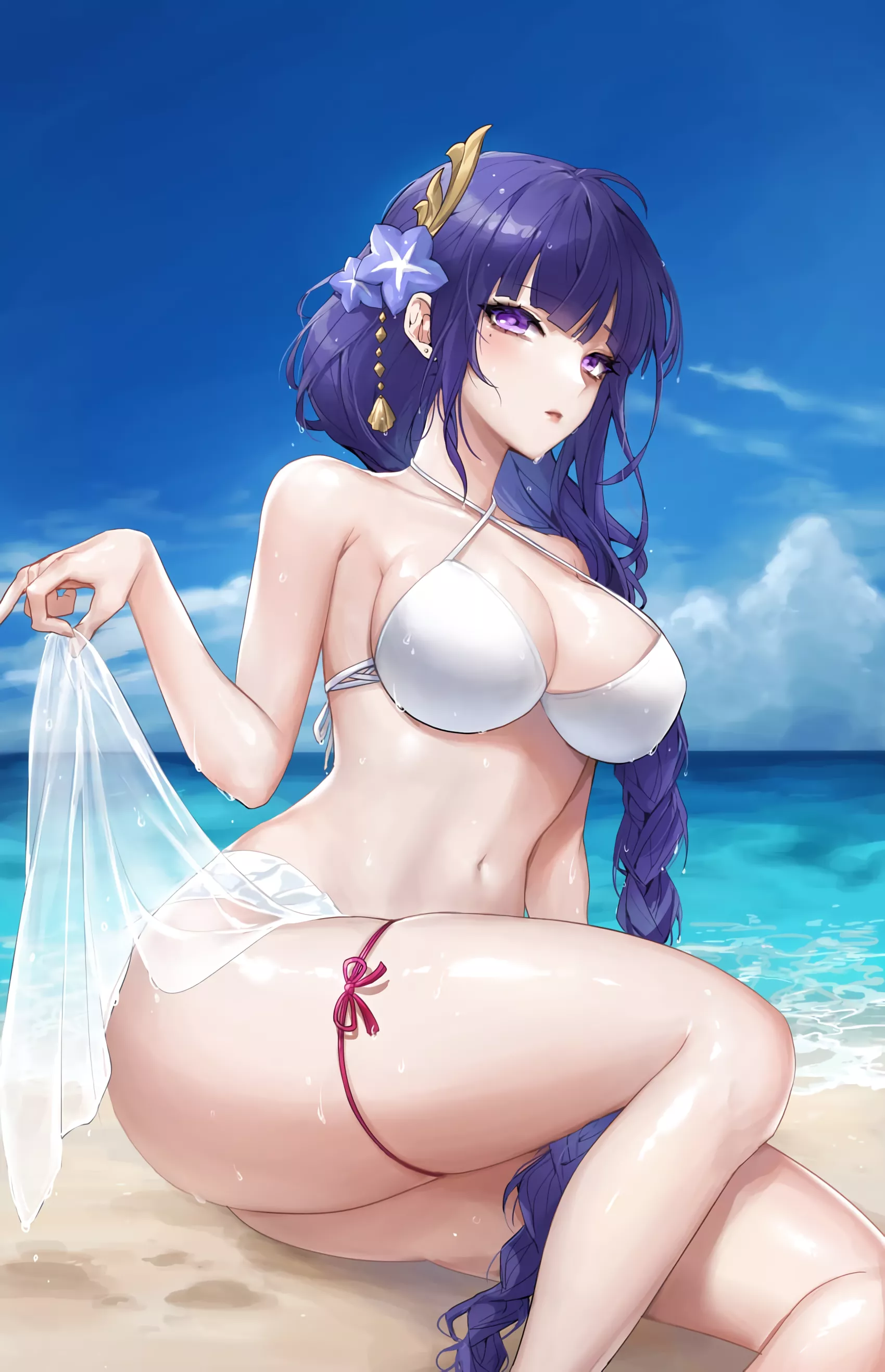 Raiden Shogun in white bikini leaning to the side (HirettOwo) [Genshin Impact] posted by elegantloveglimmer
