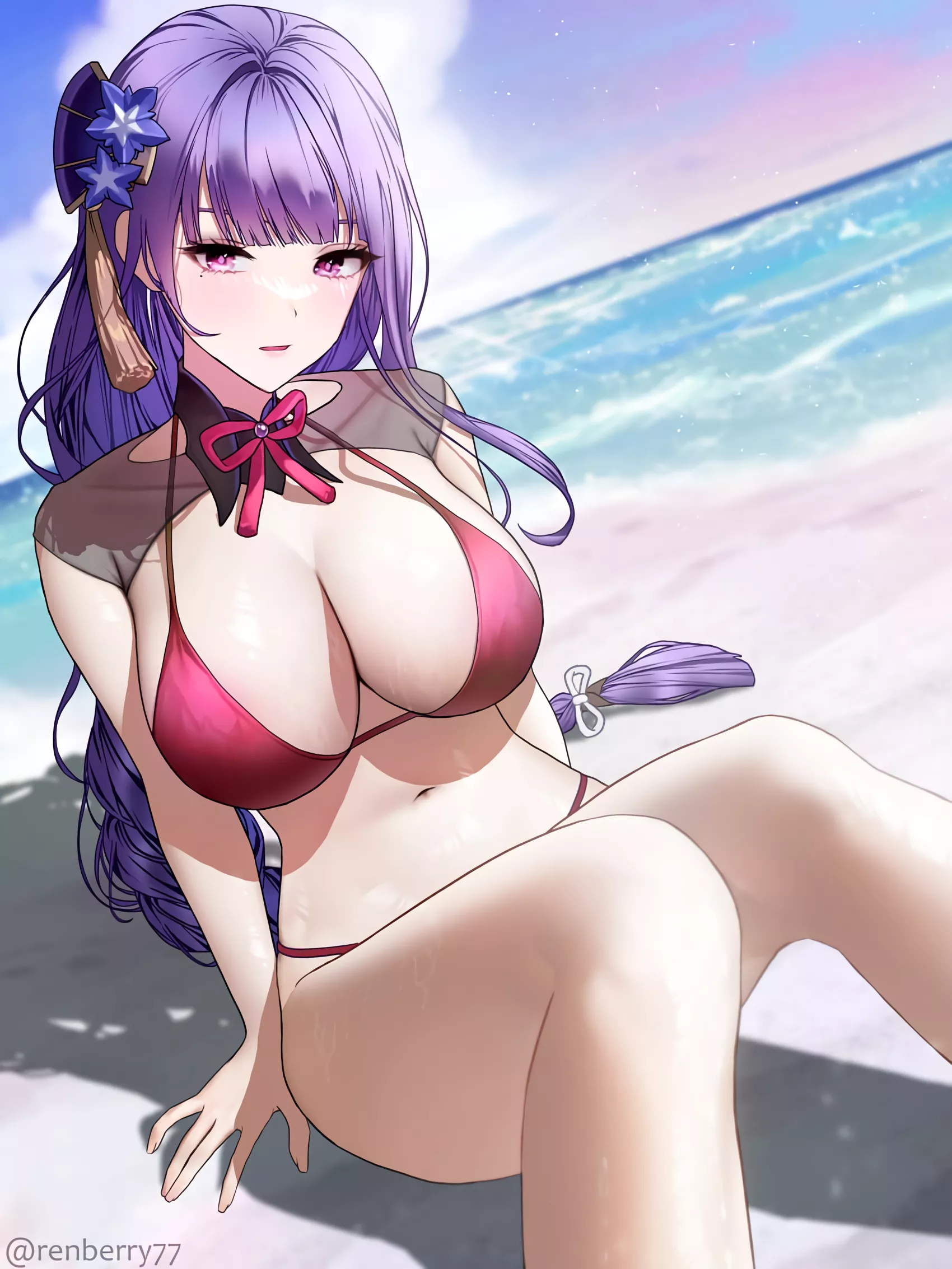 Raiden Shogun sitting on sand (renberry77) [Genshin Impact] posted by elegantloveglimmer