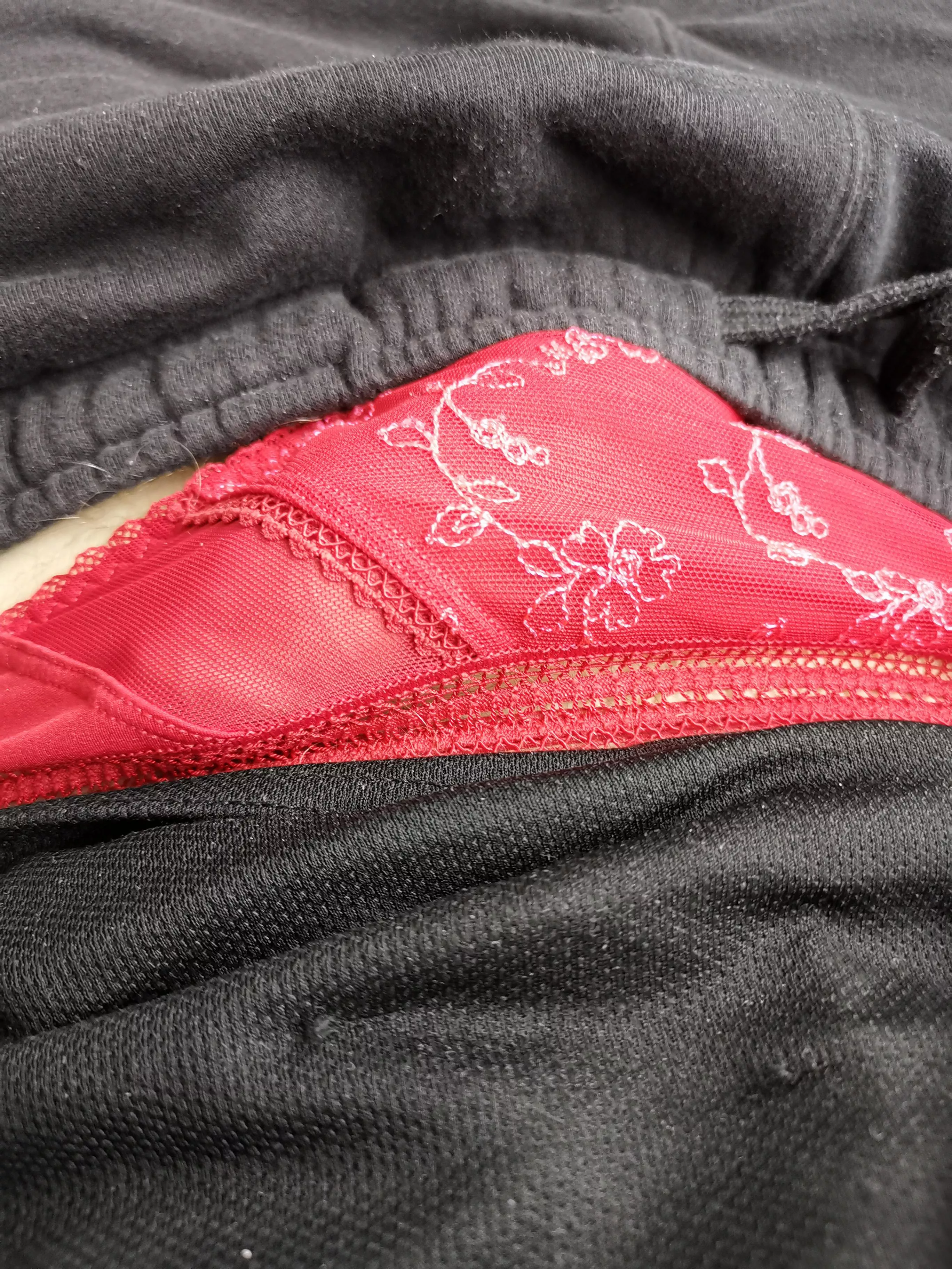 relaxing on the sofa, nice red thong for a Sunday posted by Necessary-Guess7299