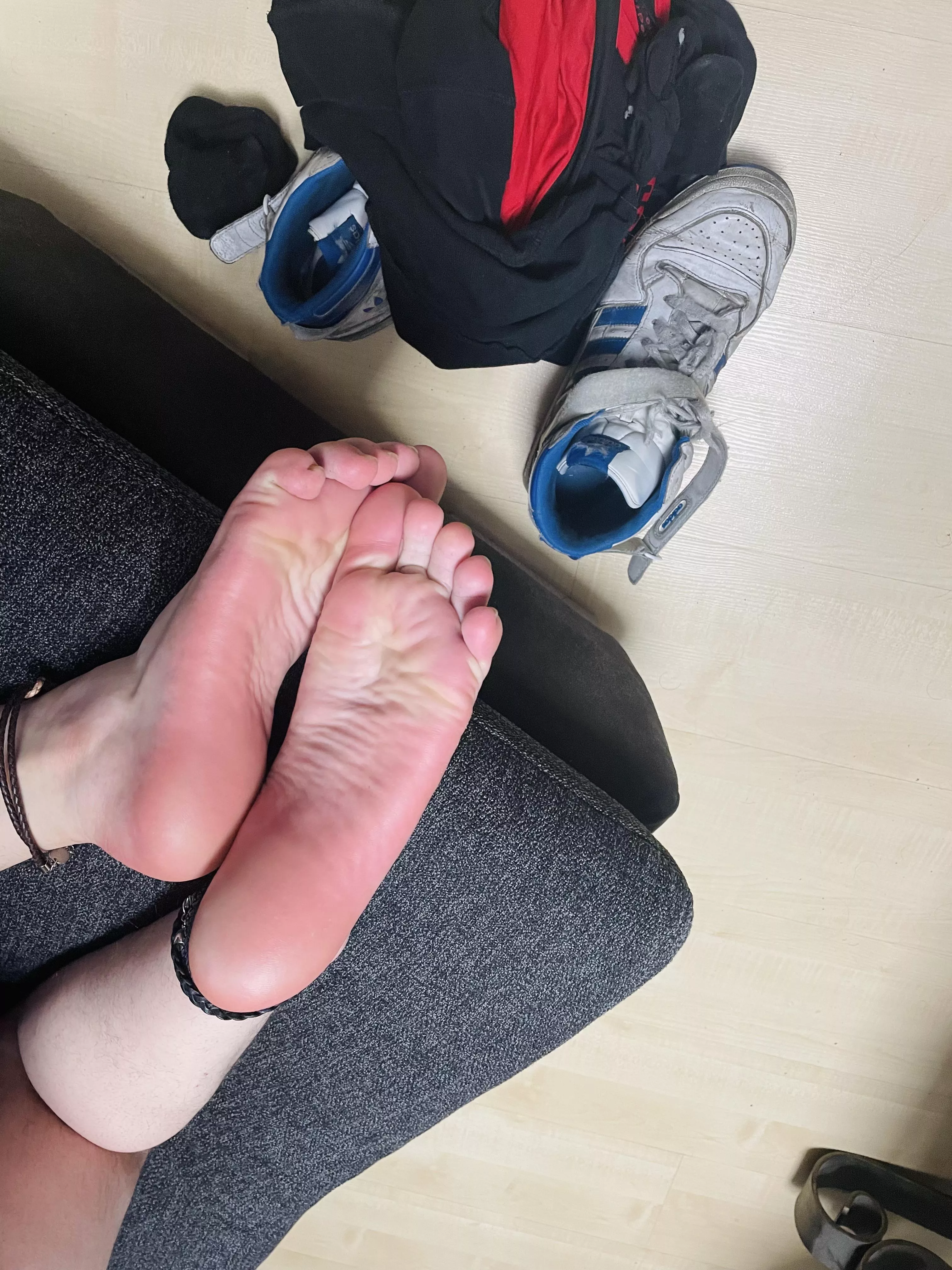 Removed my old worn shoes after a long day, my feet stinks a bit to much, would you still sniff and lick? ://3 posted by Mother-Drive5607
