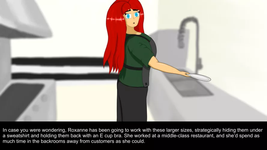 Roxanne, hiding her expanded bust at work. (Caption3: Roxanne’s Milk Tanks) by CreatorOfRoxanneB