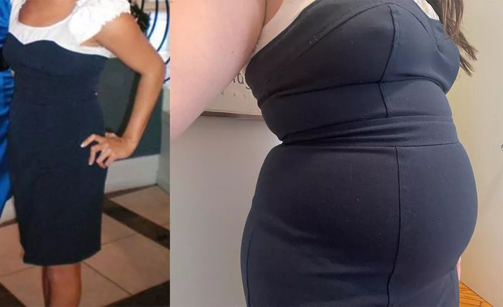 Same dress, a few extra pounds, tease me! posted by bellybabejiggle