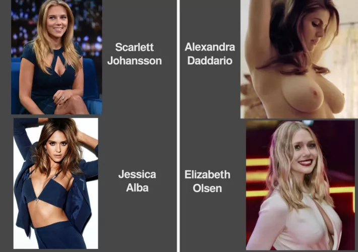Scarlett Johansson vs. Alexandra Daddario vs. Jessica Alba vs. Elizabeth Olsen by lemosiii