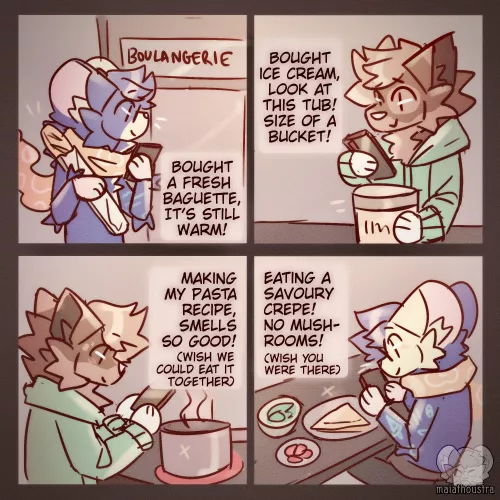 Sending each other lots of food pics, art by me @maiathoustra by maiathoustra