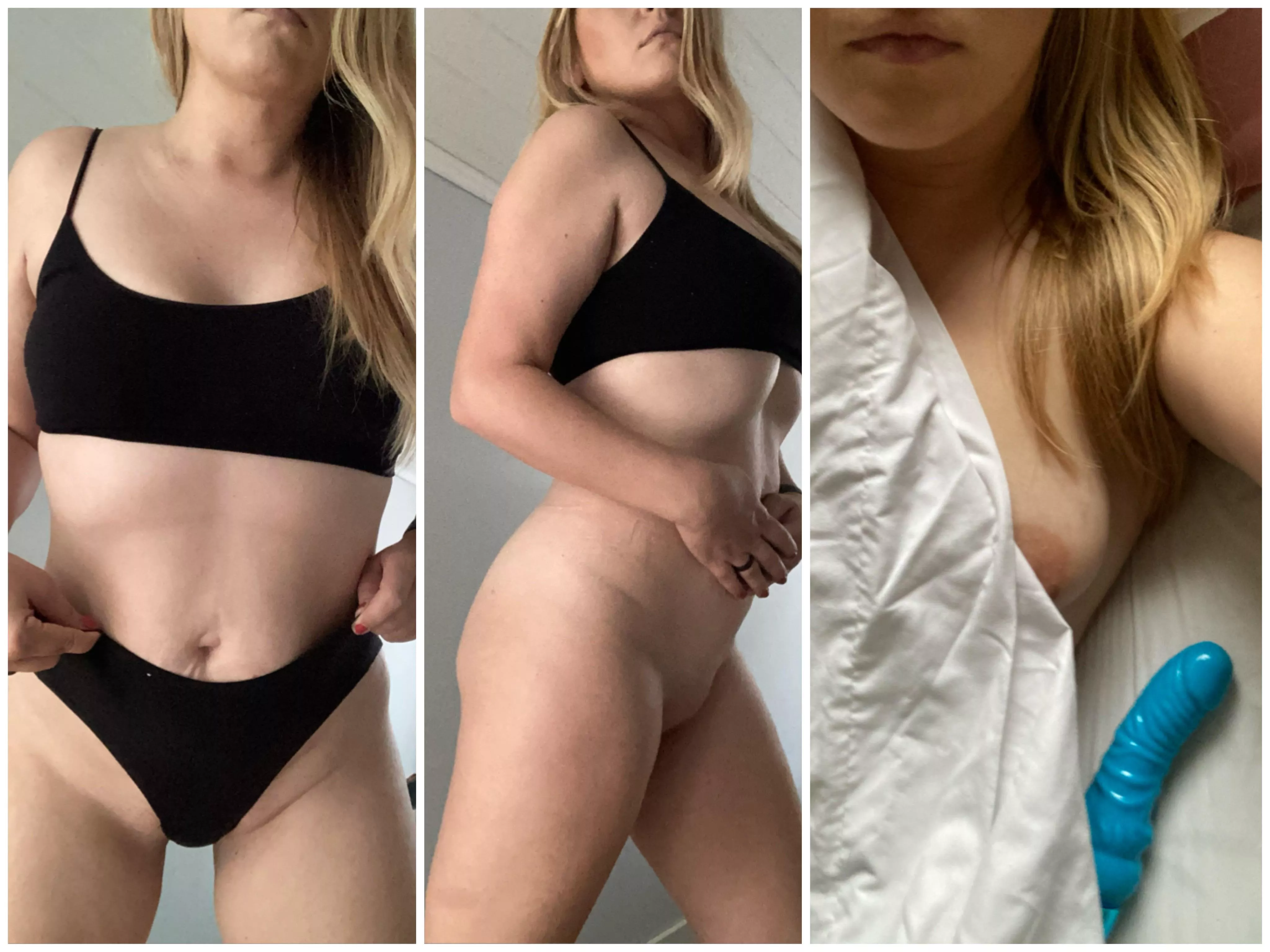 She sent me a while series of photos with less and less clothes while I was at work. Taking pics always puts her in the mood, so the last one was just before she took care of things. posted by midwestblondewife