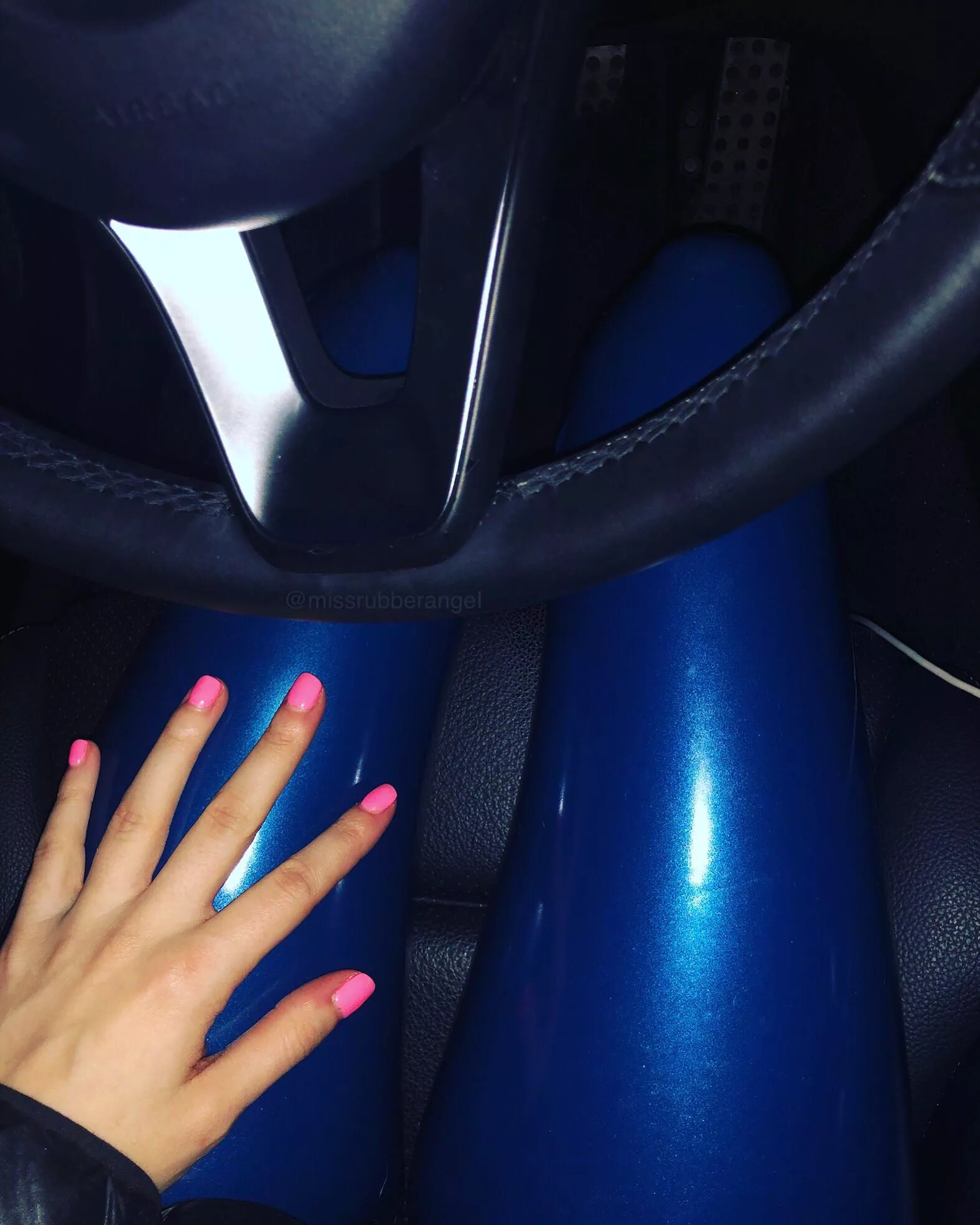 Shiny bleu pants and pink nails Insta: missrubberangel posted by patheticashworth