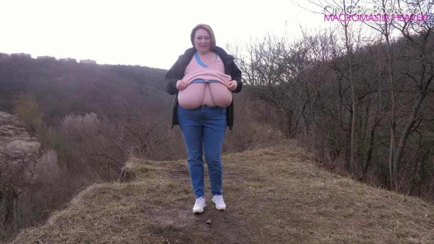 showing her S-cup tits outside by omgbigboobs