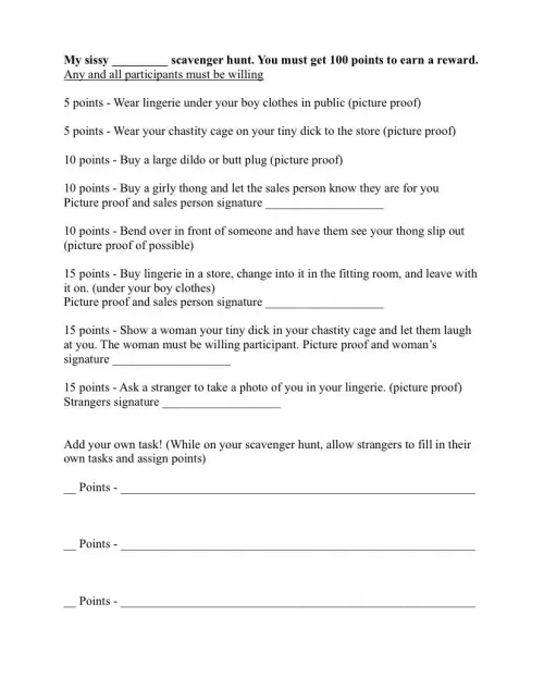 Sissy scavenger hunt game idea. what other tasks should be added? I figured if you’re at a store you can ask the lady behind the counter if she is “willing to help with any of these” by sissykelly10