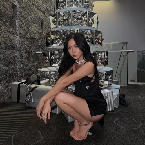 Squatting in black dress and heels by Majestic_Painter8660