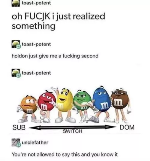 Tag yourself I’m the brown M&M by throwaway-thirstin