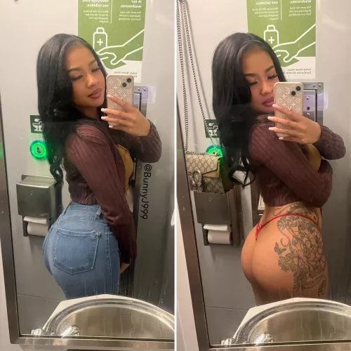 Taking risky selfies in the train washroom is so fun! Do you like my pants on or off? 👀 by BunnyJ9