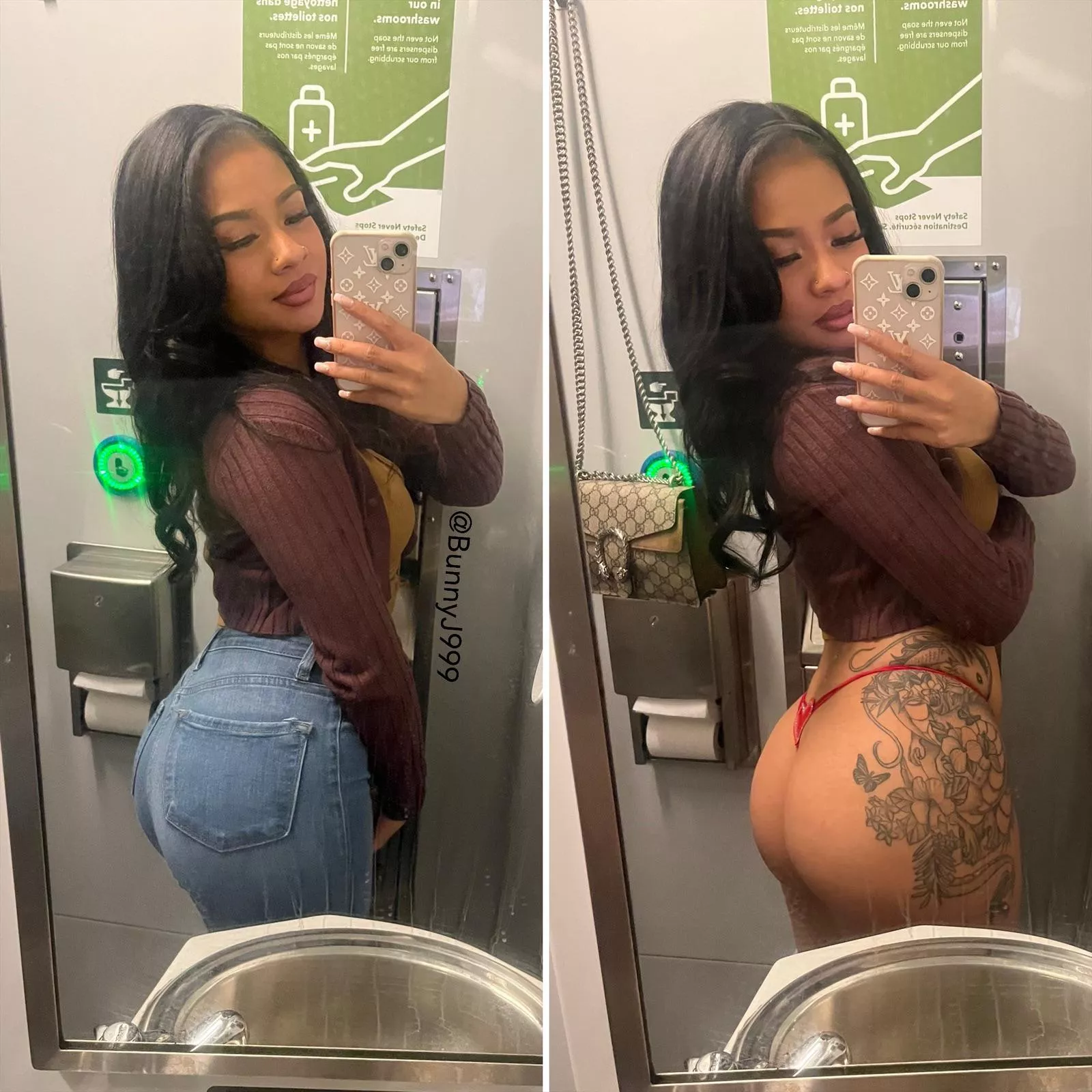 Taking risky selfies in the train washroom is so fun! Do you like my pants on or off? 👀 posted by BunnyJ9