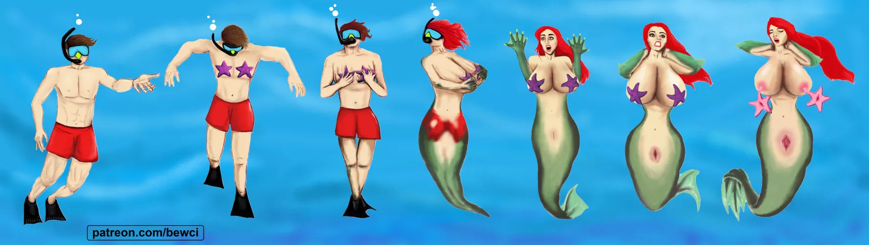 TG Starfish [Human male --> Mermaid female] by Bewci by oren_tg