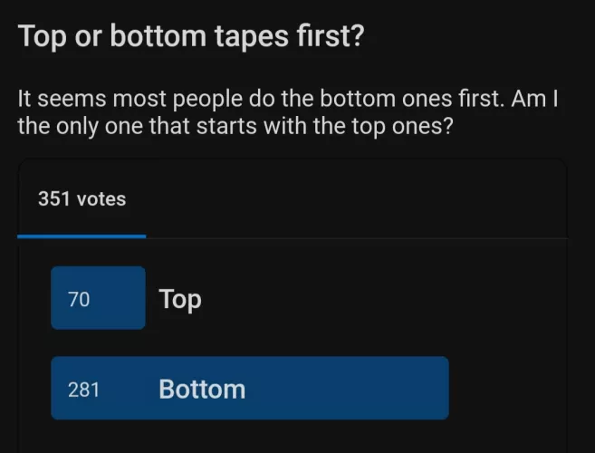 Thank you for voting! My perception was right that bottom tape first is definitely more common, but I'm also not the _only_ one preferring to start with the top ones. by ABDL__Princess