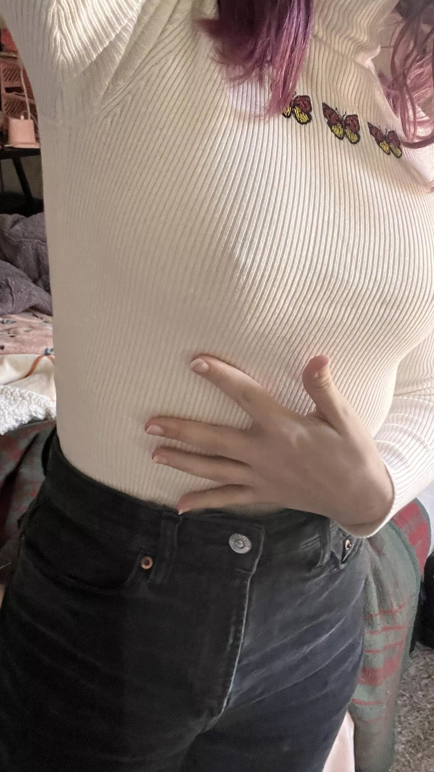 the butterflies on my top add to the braless look 🦋 posted by heartstamp101