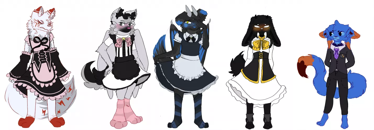 The maid and butler team. Art made by me :D! in the picture are u/Eeveekyu1234 u/Peeerzu u/WingedWhite u/Lunixzuu_ and Ama she doesn't have reddit by Lunixzuu_