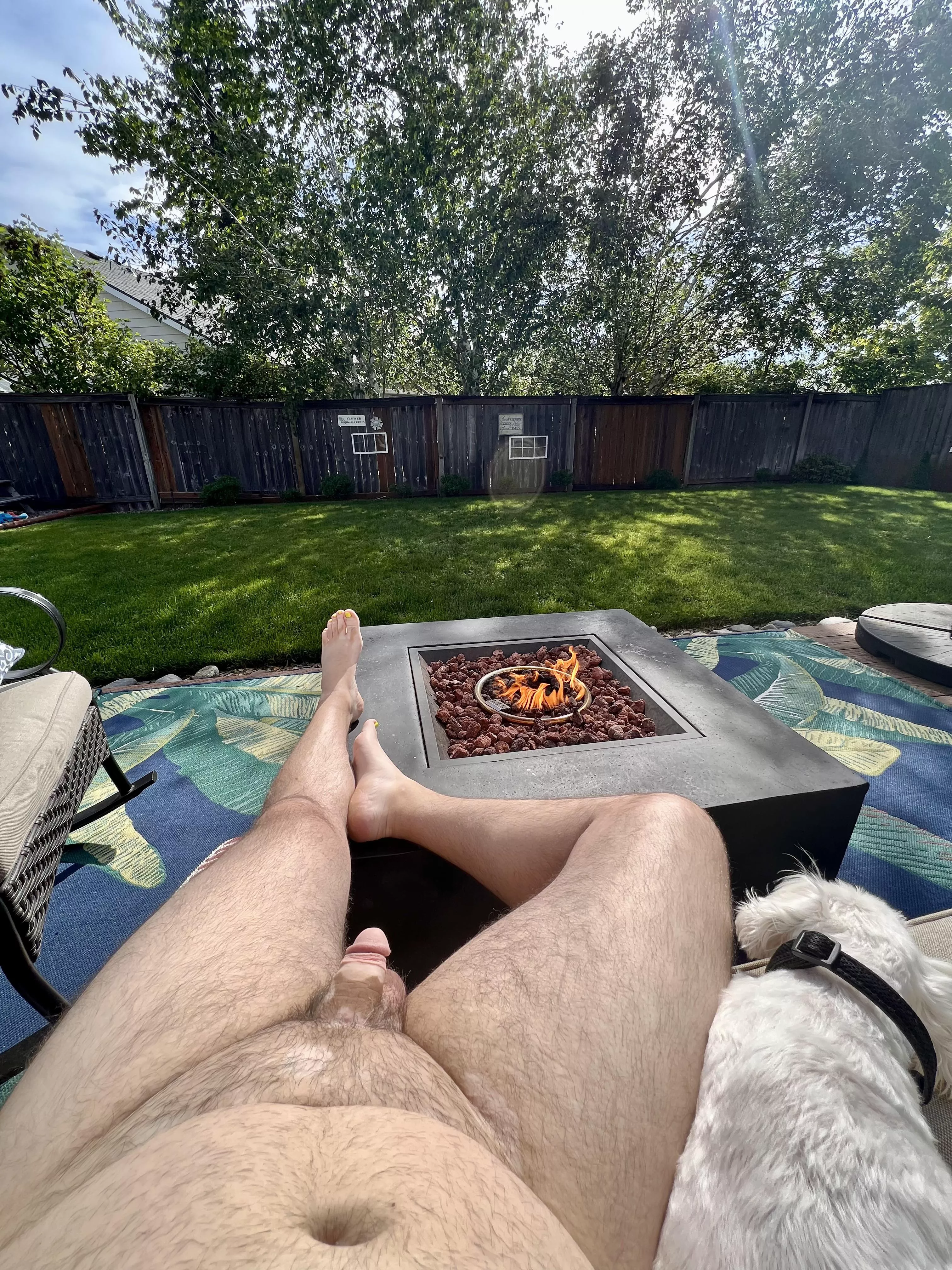 The weather is finally nice enough to be able to enjoy some naked time by the morning fire. So ready for #nakedsummer posted by biguy8806