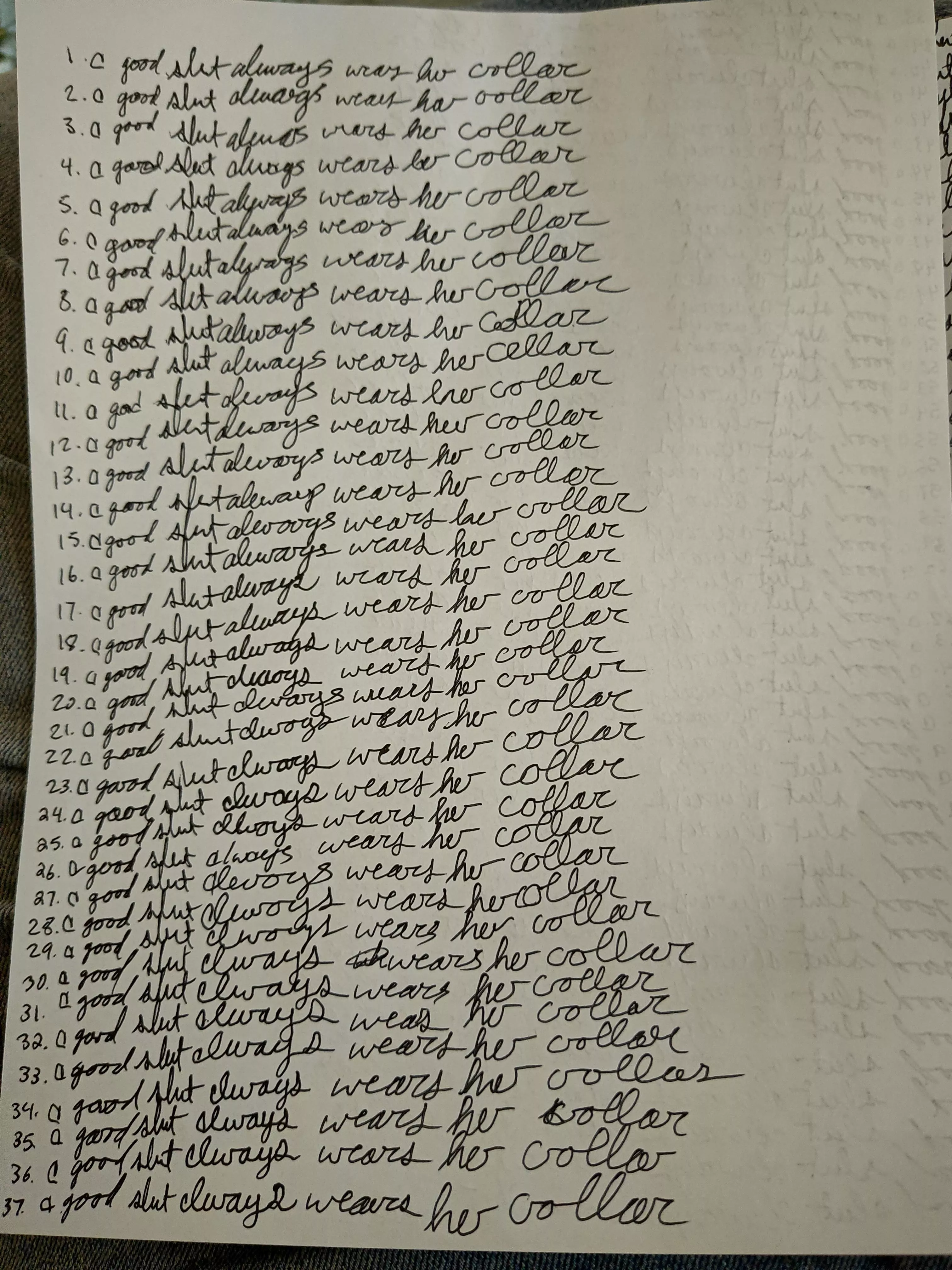 The wife failed to put her collar back on within 10 minutes of getting home (it's a new rule) so she had to write this 100 times posted by Experimenting_Newbs