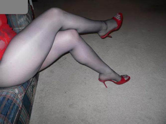 these red, peep toe heeled mules tho! by TNnylonFeetLuv