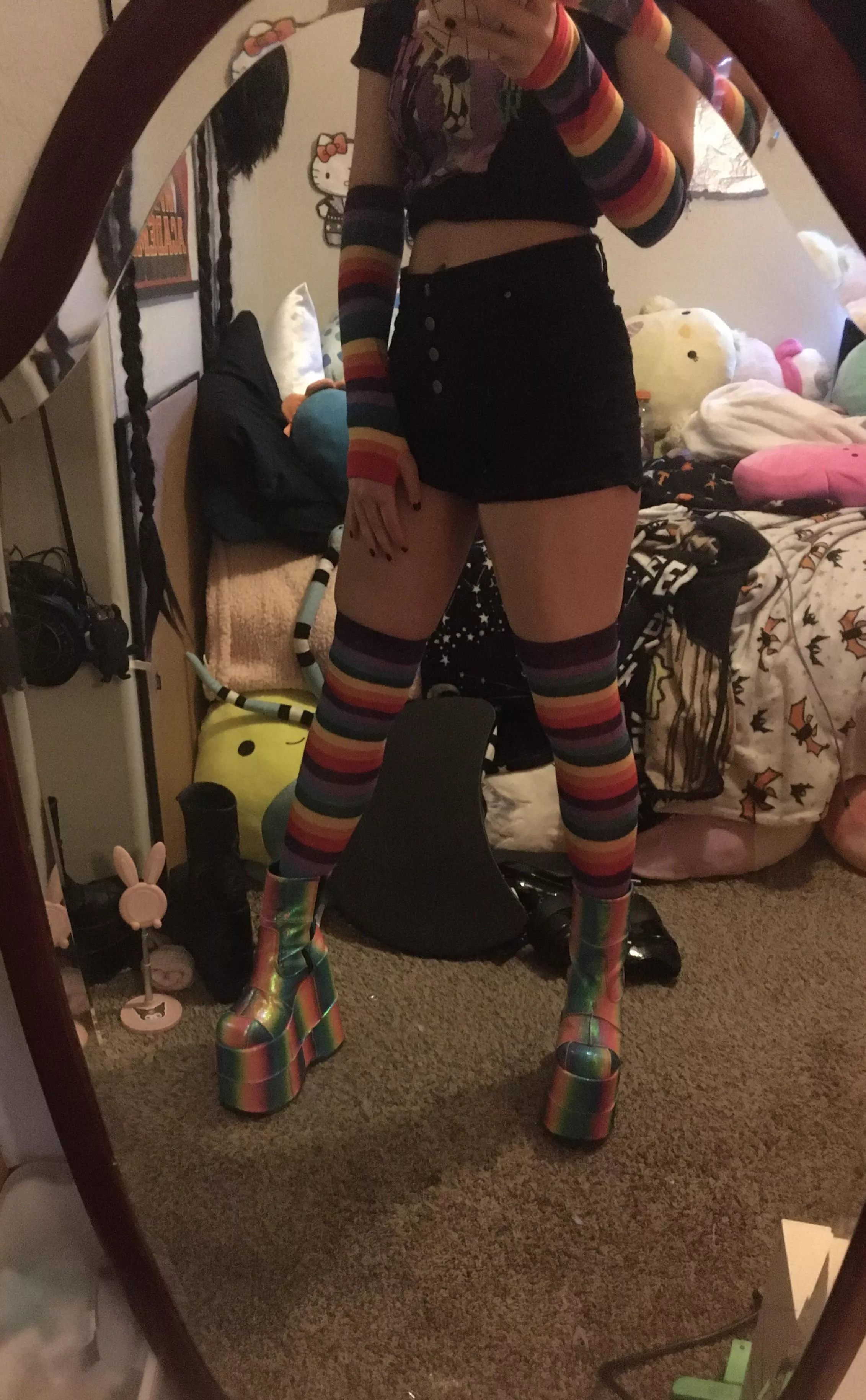 These shoes make me 6’2, I am a gay tower. Wish I could actually go to pride events have an excuse to wear these shoes outside lol. posted by BrokenBunnies