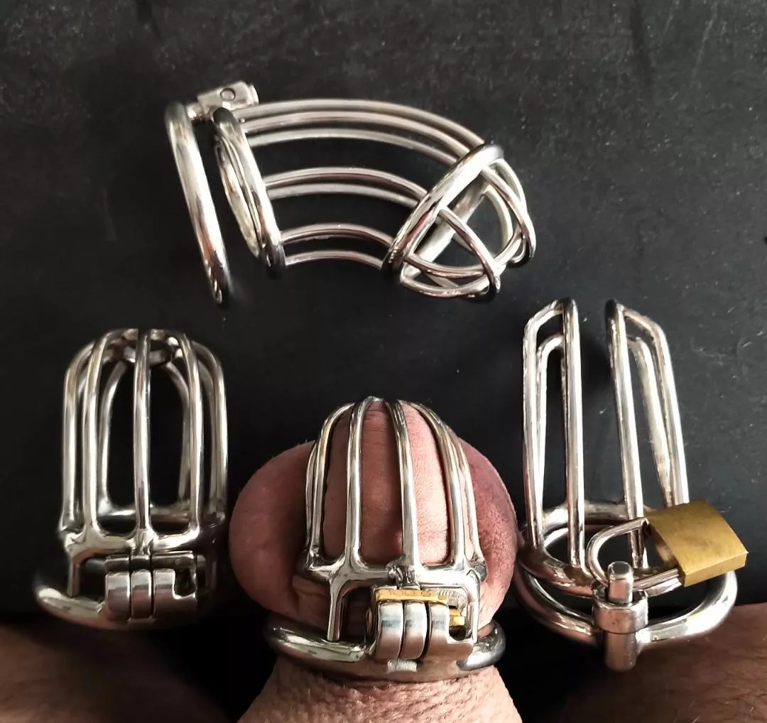 this are my cages of the last 4 years. comparing what I wear today. many people buy to large cages in the beginning, including me. especially when you order custom cages, substract a half inch of your flaccide penis length! posted by daddy_in_chastity