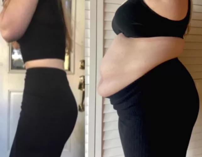 This goes out to all the aspiring feedees out there. In the first photo, my gf was thin, worked out and counted every calorie. In the next pic, from last night but in the same outfit, she had just finished something called a “meat mountain” and got s by myfatblondegf