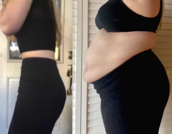 This goes out to all the aspiring feedees out there. In the first photo, my gf was thin, worked out and counted every calorie. In the next pic, from last night but in the same outfit, she had just finished something called a “meat mountain” and got s posted by myfatblondegf