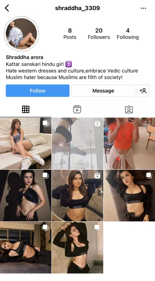 This Hindu bitch on Instagram says that she doesn’t wear western clothes and she is sanskari(cultured) girl and then she shows her ass in western clothes and show her sexy milky sanskaari body on her Instagram I want all muslim/Christian bros to check  by zalim_01028