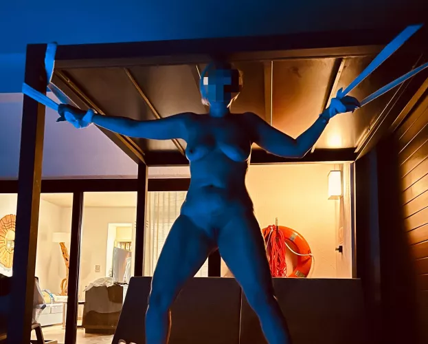 Tied to the day bed over the ocean with whatever I could find, on show to the evenings passing boats by PlayingCouple