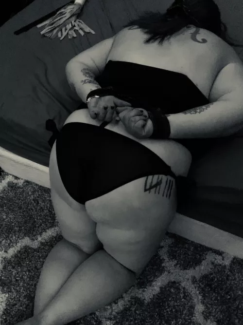 Tied up and ready for my punishment. That’s the running count drawn on my leg. by mzhyde2589