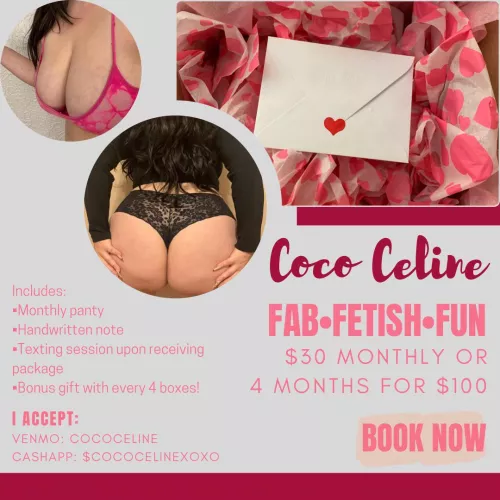 Tired of searching and sneaking for a steady panty supply? 💕 sign up for my panty subscription box! 💕 your pick or dealer’s choice of a panty delivered to your door monthly (or weekly!) 💕 free/discrete US shipping • vac sealed 💕 sign up t by cococeline