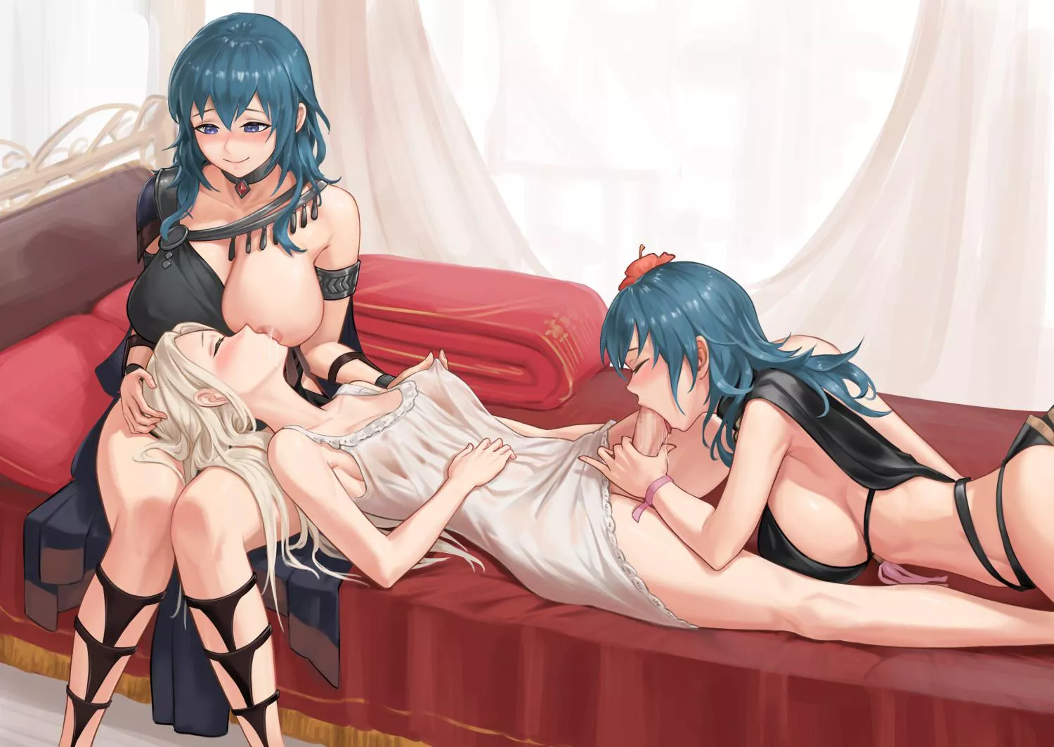 Two Byleths taking care of Futa Edelgard (@zero_0a) posted by puroporisu