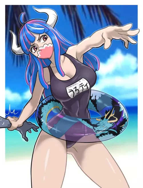Ulti trying on her old bathing suit on the beach of Wano (beautiful art by Ceninel303 on Twitter) by Heroism4499