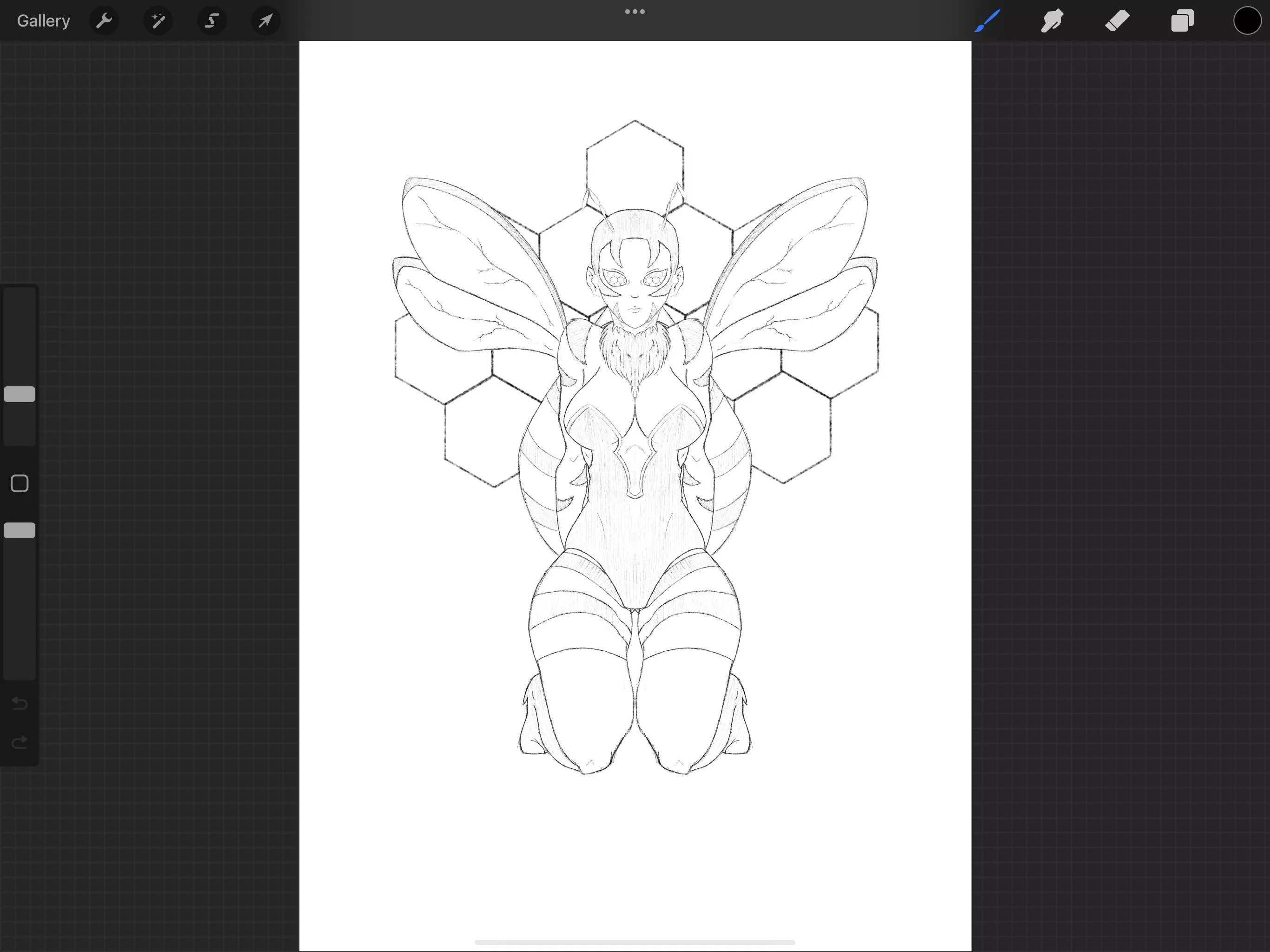 Update on the Bee Girl… I used the symmetry tool and fixed certain things, still feel I’m missing something more before starting the outline and coloring… if interested on owning her dm me 😁😁 posted by GTT_43