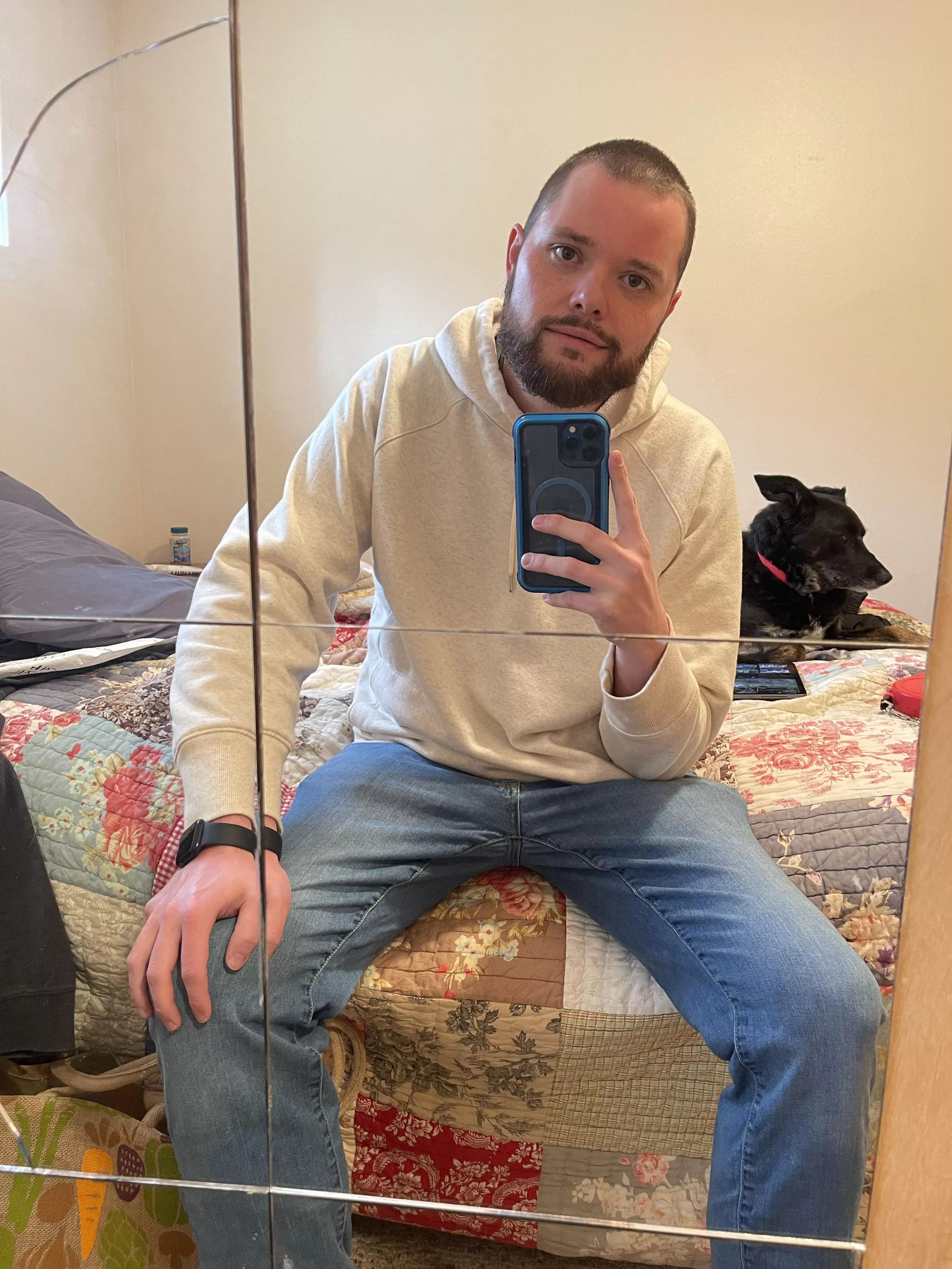 Very SFW - how’s the beard? Thanks everyone! Pooch in background is Stevie. 🐕 posted by Sad-Helicopter8439